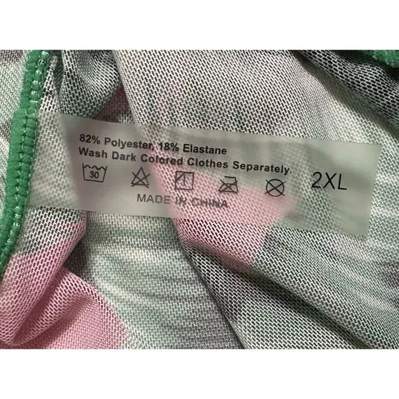 Pink Tropical W/ Green Leaves Kimono Robe Swimsuit Cover Lightweight Stretch 2XL - Picture 3 of 4